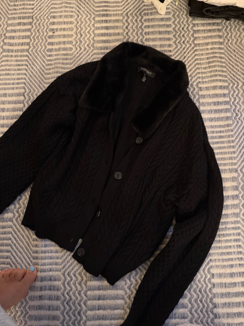 Ellen Tracy Black Cable-Knit Cardigan with Faux Fur Collar